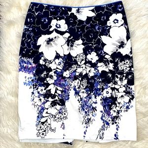 White House Black Market Blue Black and White Floral Print Mini Skirt